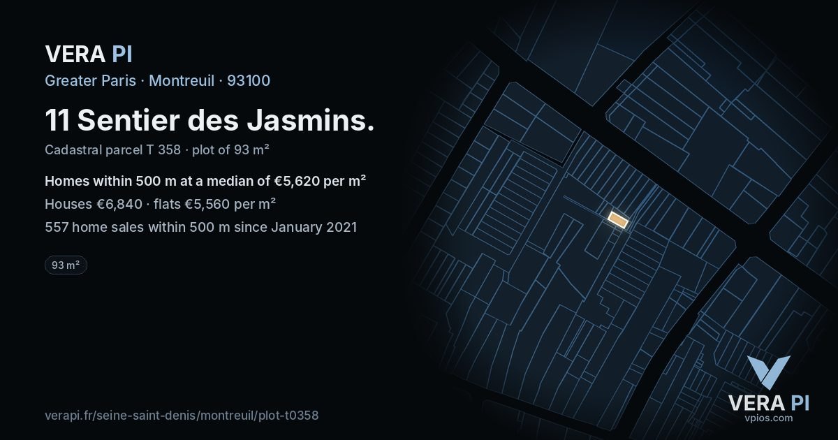 11 Sentier des Jasmins, Montreuil at night – the plot lit, the parcels around coloured by the prices near them