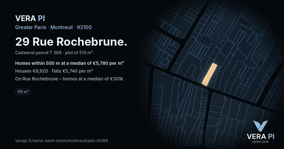 29 Rue Rochebrune, Montreuil at night – the plot lit, the parcels around coloured by the prices near them