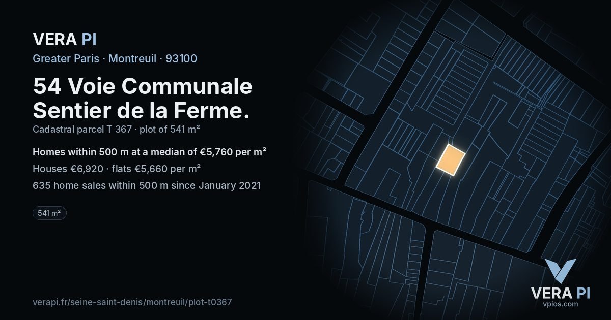 54 Voie Communale Sentier de la Ferme, Montreuil at night – the plot lit, the parcels around coloured by the prices near them