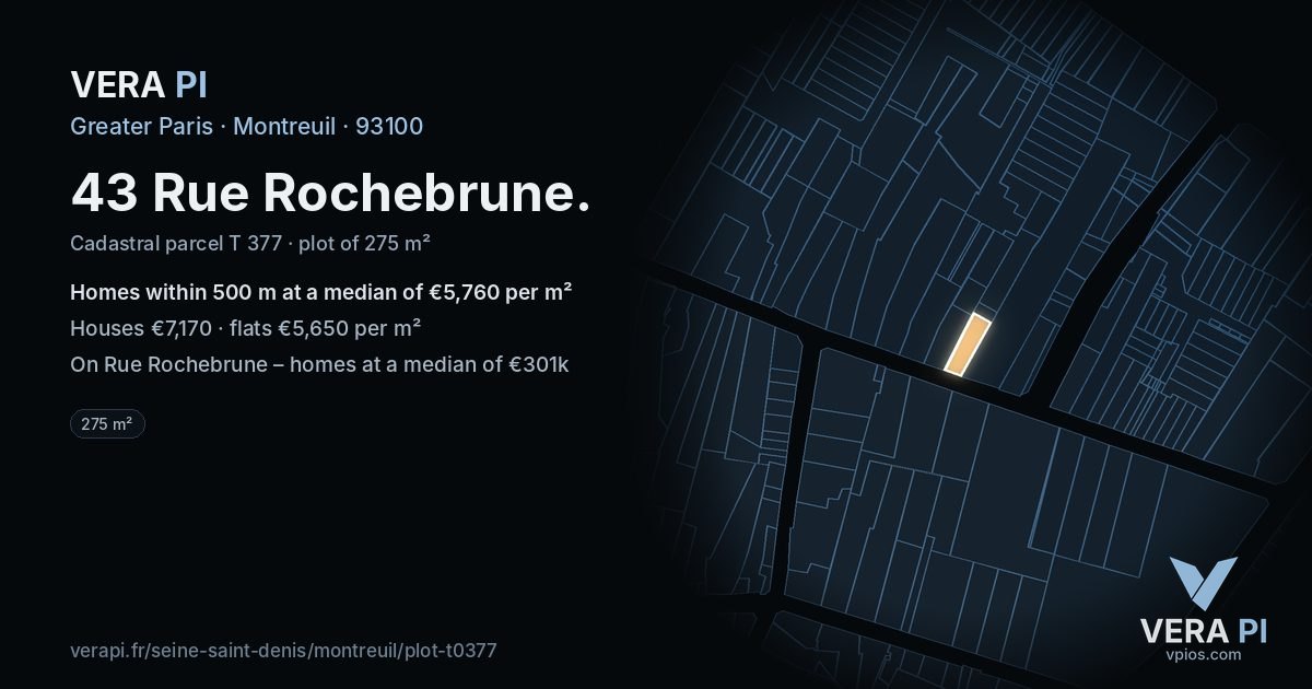 43 Rue Rochebrune, Montreuil at night – the plot lit, the parcels around coloured by the prices near them