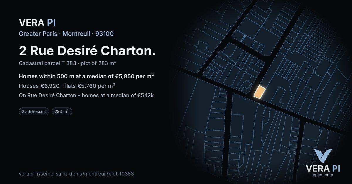 2 Rue Desiré Charton, Montreuil at night – the plot lit, the parcels around coloured by the prices near them