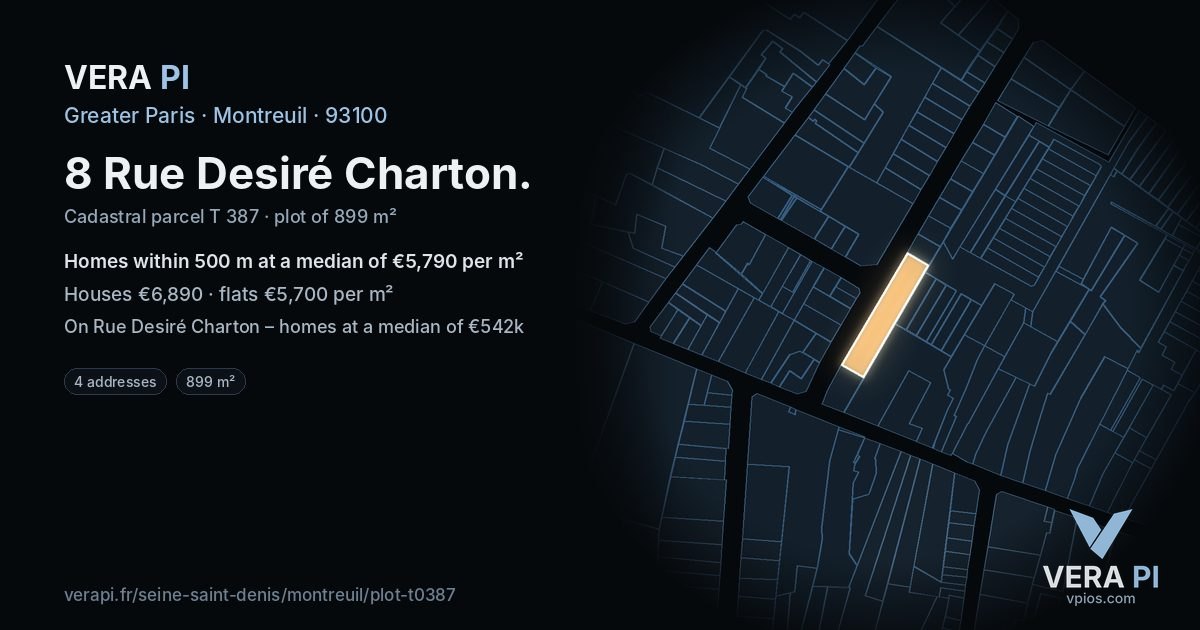 8 Rue Desiré Charton, Montreuil at night – the plot lit, the parcels around coloured by the prices near them