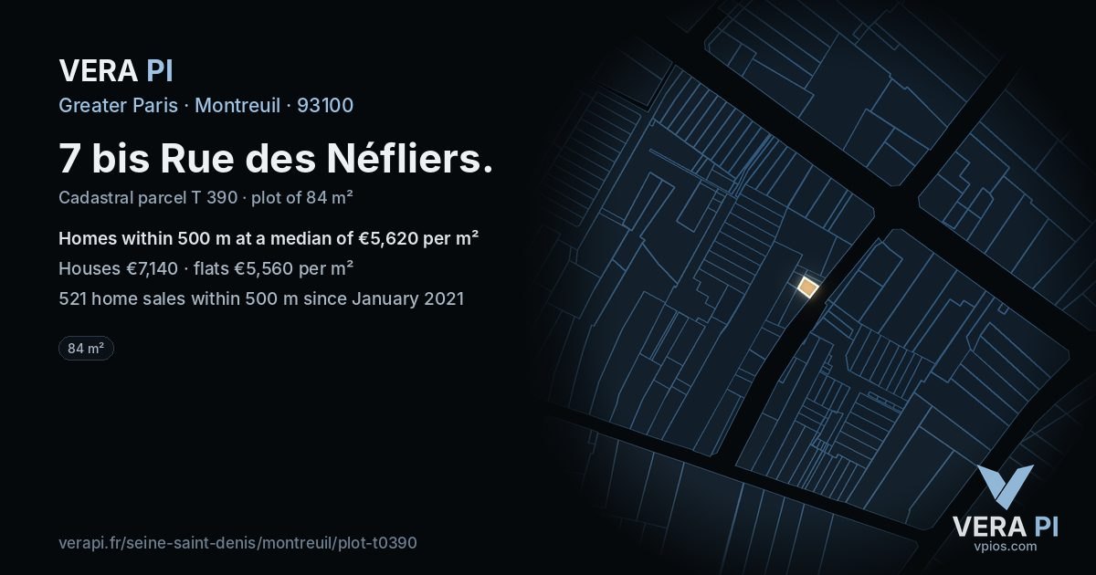7 bis Rue des Néfliers, Montreuil at night – the plot lit, the parcels around coloured by the prices near them