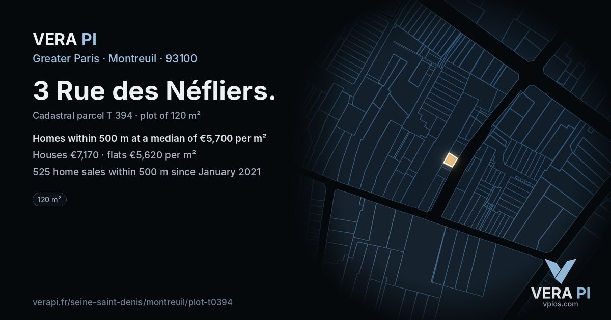 3 Rue des Néfliers, Montreuil at night – the plot lit, the parcels around coloured by the prices near them