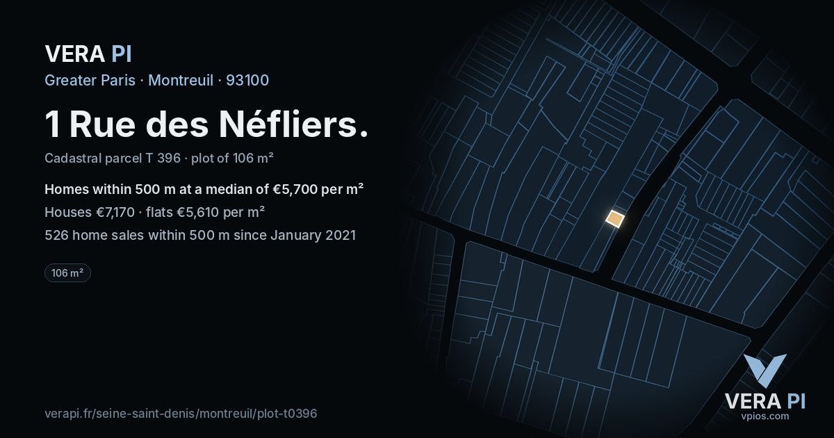 1 Rue des Néfliers, Montreuil at night – the plot lit, the parcels around coloured by the prices near them