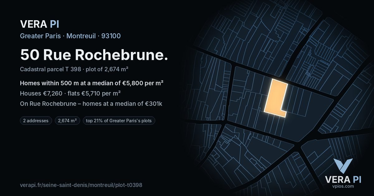 50 Rue Rochebrune, Montreuil at night – the plot lit, the parcels around coloured by the prices near them