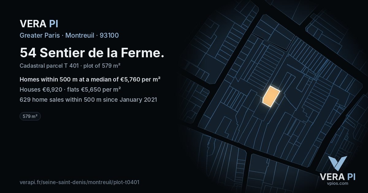54 Sentier de la Ferme, Montreuil at night – the plot lit, the parcels around coloured by the prices near them