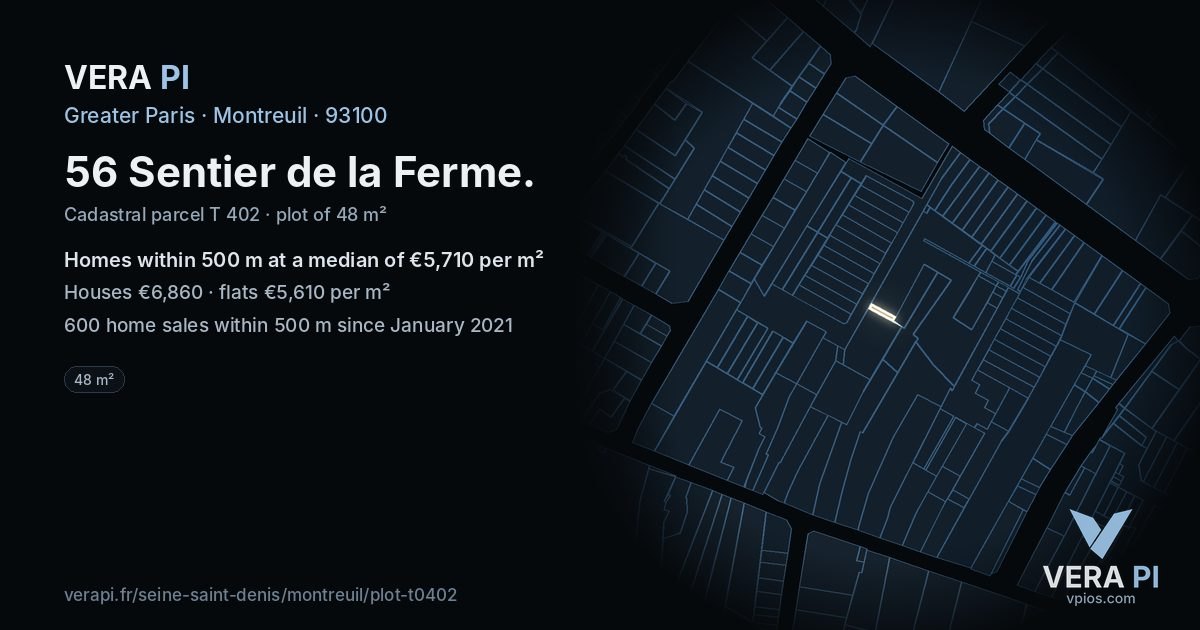 56 Sentier de la Ferme, Montreuil at night – the plot lit, the parcels around coloured by the prices near them