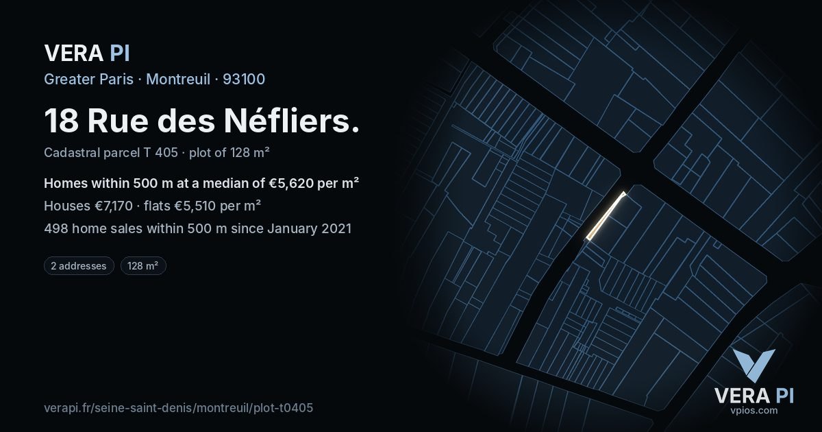18 Rue des Néfliers, Montreuil at night – the plot lit, the parcels around coloured by the prices near them