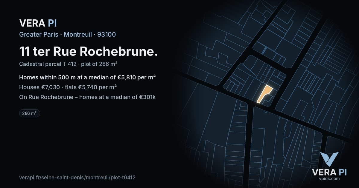 11 ter Rue Rochebrune, Montreuil at night – the plot lit, the parcels around coloured by the prices near them