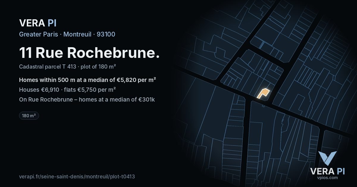 11 Rue Rochebrune, Montreuil at night – the plot lit, the parcels around coloured by the prices near them