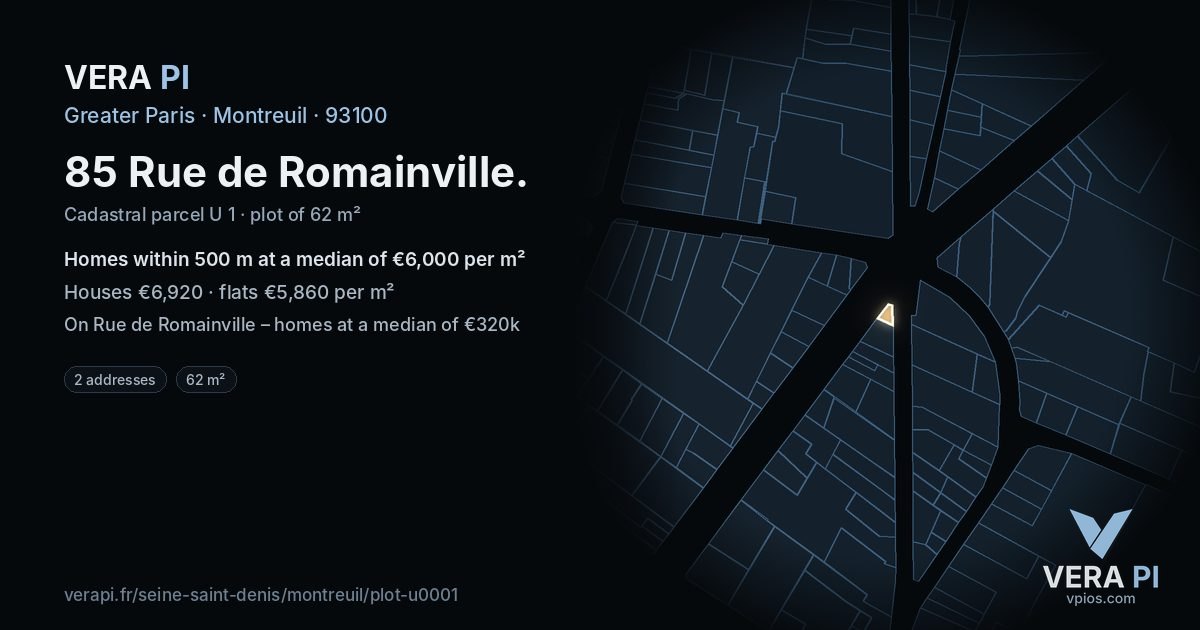 85 Rue de Romainville, Montreuil at night – the plot lit, the parcels around coloured by the prices near them
