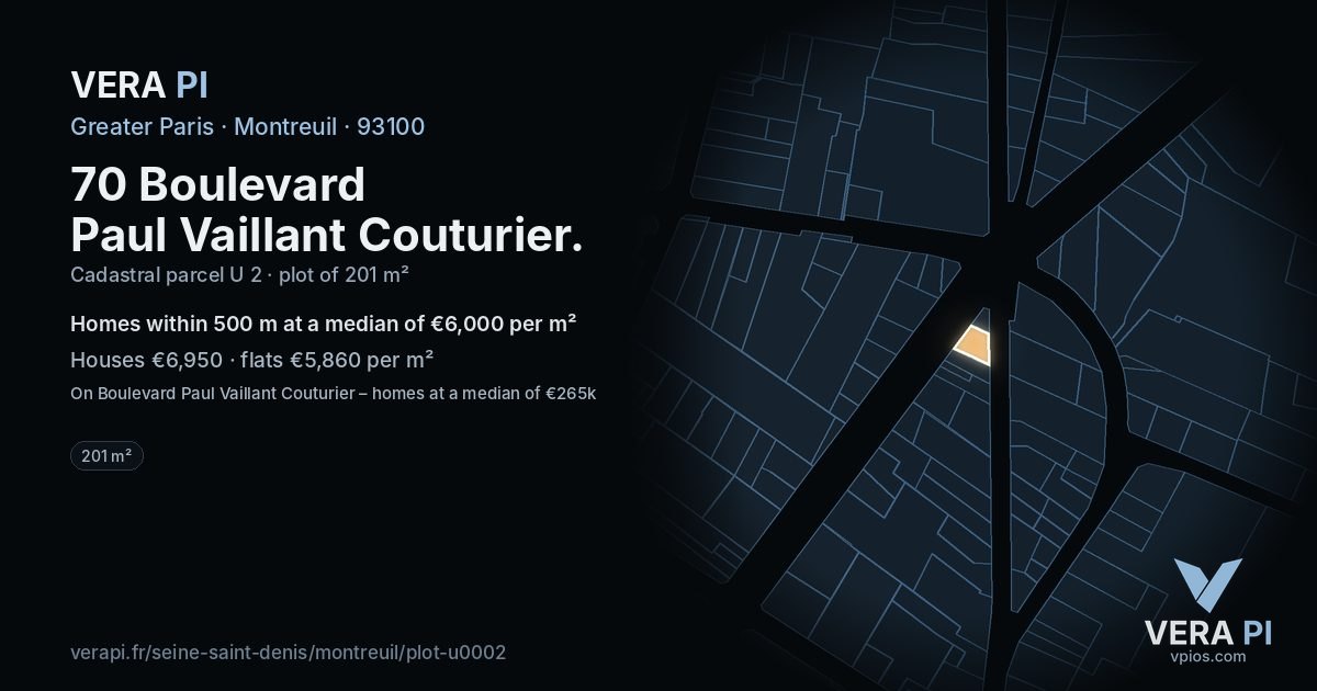 70 Boulevard Paul Vaillant Couturier, Montreuil at night – the plot lit, the parcels around coloured by the prices near them