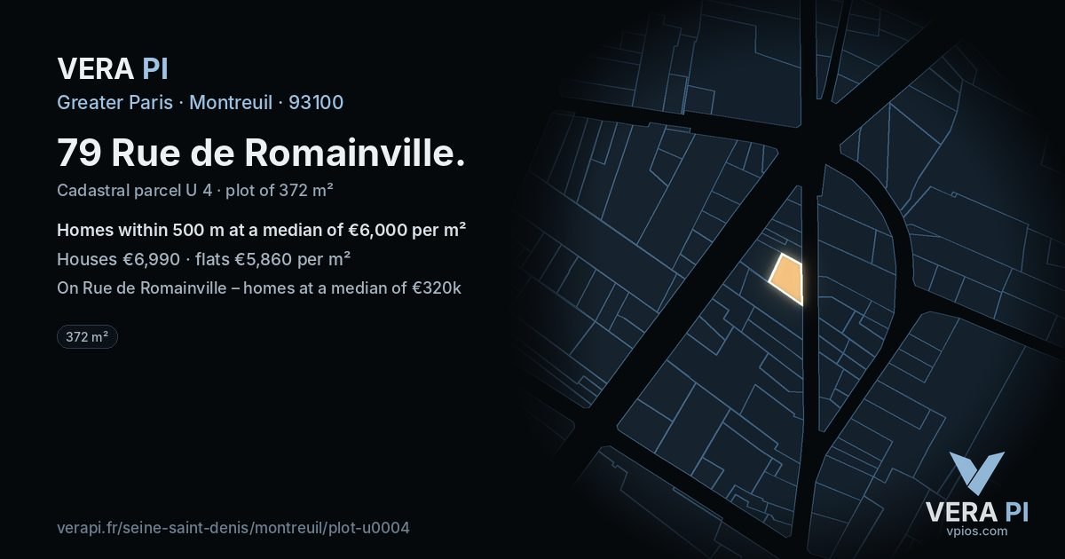 79 Rue de Romainville, Montreuil at night – the plot lit, the parcels around coloured by the prices near them
