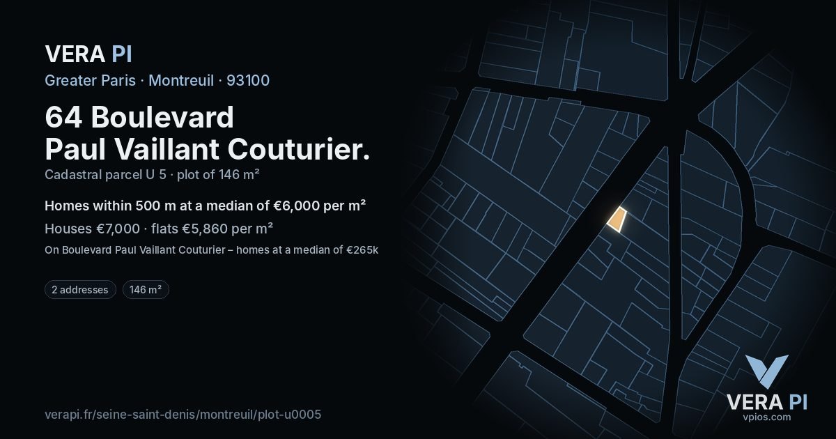 64 Boulevard Paul Vaillant Couturier, Montreuil at night – the plot lit, the parcels around coloured by the prices near them