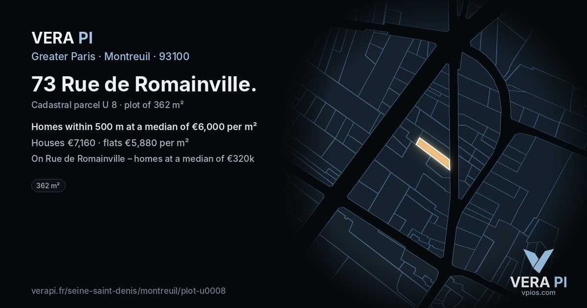 73 Rue de Romainville, Montreuil at night – the plot lit, the parcels around coloured by the prices near them