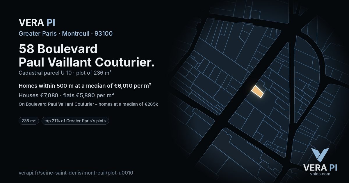 58 Boulevard Paul Vaillant Couturier, Montreuil at night – the plot lit, the parcels around coloured by the prices near them