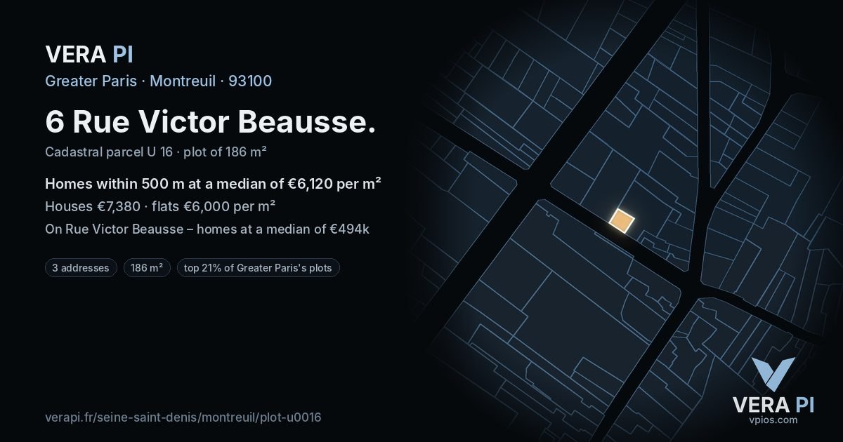 6 Rue Victor Beausse, Montreuil at night – the plot lit, the parcels around coloured by the prices near them
