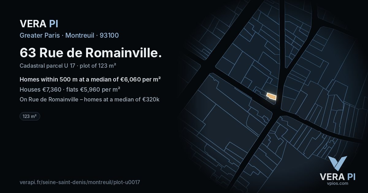 63 Rue de Romainville, Montreuil at night – the plot lit, the parcels around coloured by the prices near them