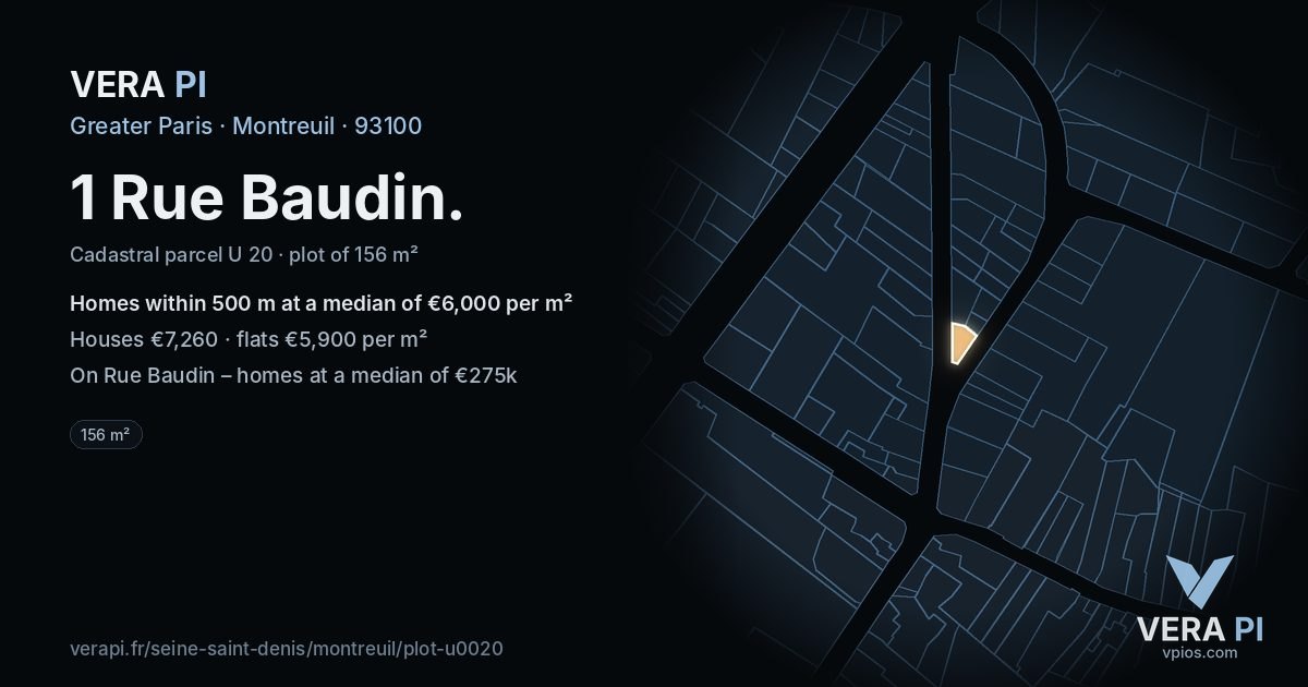 1 Rue Baudin, Montreuil at night – the plot lit, the parcels around coloured by the prices near them