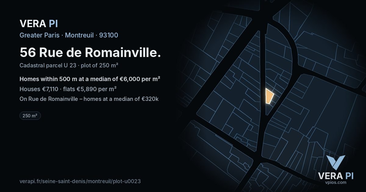56 Rue de Romainville, Montreuil at night – the plot lit, the parcels around coloured by the prices near them