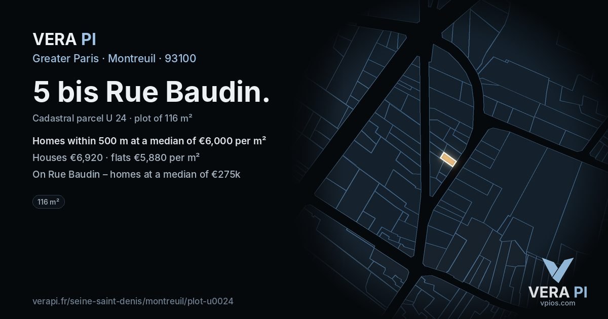 5 bis Rue Baudin, Montreuil at night – the plot lit, the parcels around coloured by the prices near them