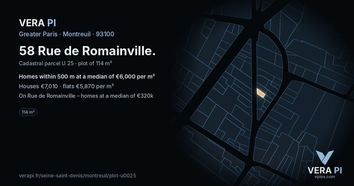 58 Rue de Romainville, Montreuil at night – the plot lit, the parcels around coloured by the prices near them
