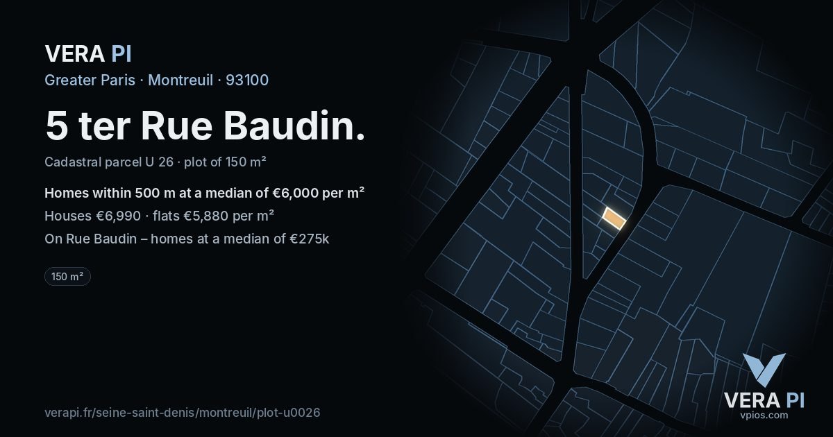 5 ter Rue Baudin, Montreuil at night – the plot lit, the parcels around coloured by the prices near them