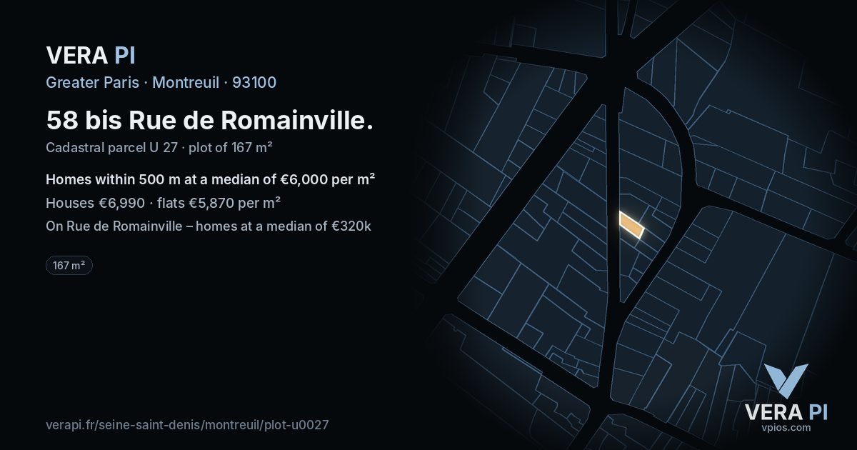 58 bis Rue de Romainville, Montreuil at night – the plot lit, the parcels around coloured by the prices near them