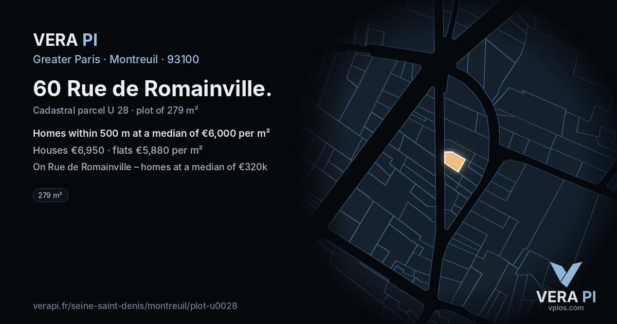 60 Rue de Romainville, Montreuil at night – the plot lit, the parcels around coloured by the prices near them