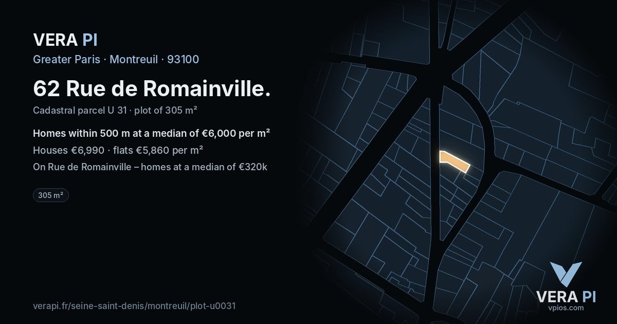 62 Rue de Romainville, Montreuil at night – the plot lit, the parcels around coloured by the prices near them