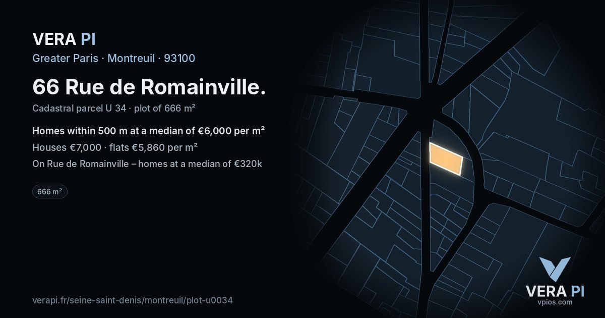 66 Rue de Romainville, Montreuil at night – the plot lit, the parcels around coloured by the prices near them