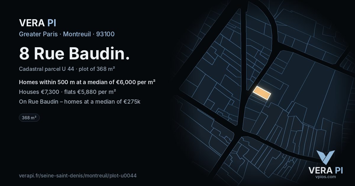 8 Rue Baudin, Montreuil at night – the plot lit, the parcels around coloured by the prices near them