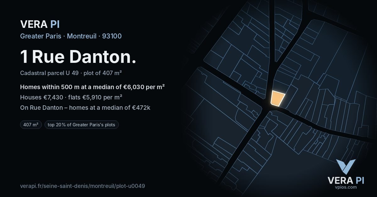 1 Rue Danton, Montreuil at night – the plot lit, the parcels around coloured by the prices near them