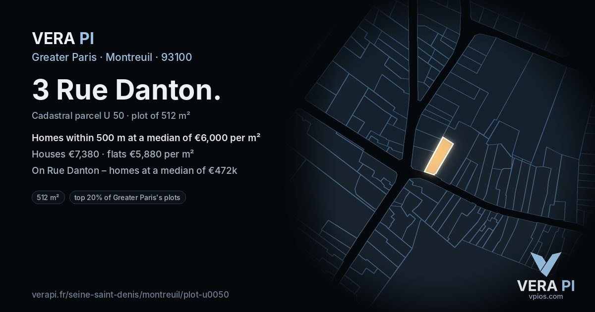 3 Rue Danton, Montreuil at night – the plot lit, the parcels around coloured by the prices near them