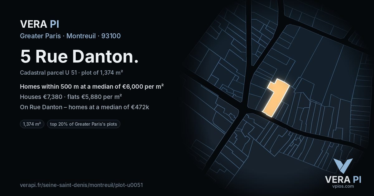 5 Rue Danton, Montreuil at night – the plot lit, the parcels around coloured by the prices near them