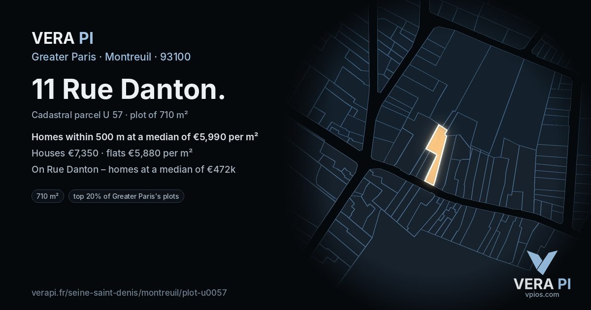 11 Rue Danton, Montreuil at night – the plot lit, the parcels around coloured by the prices near them