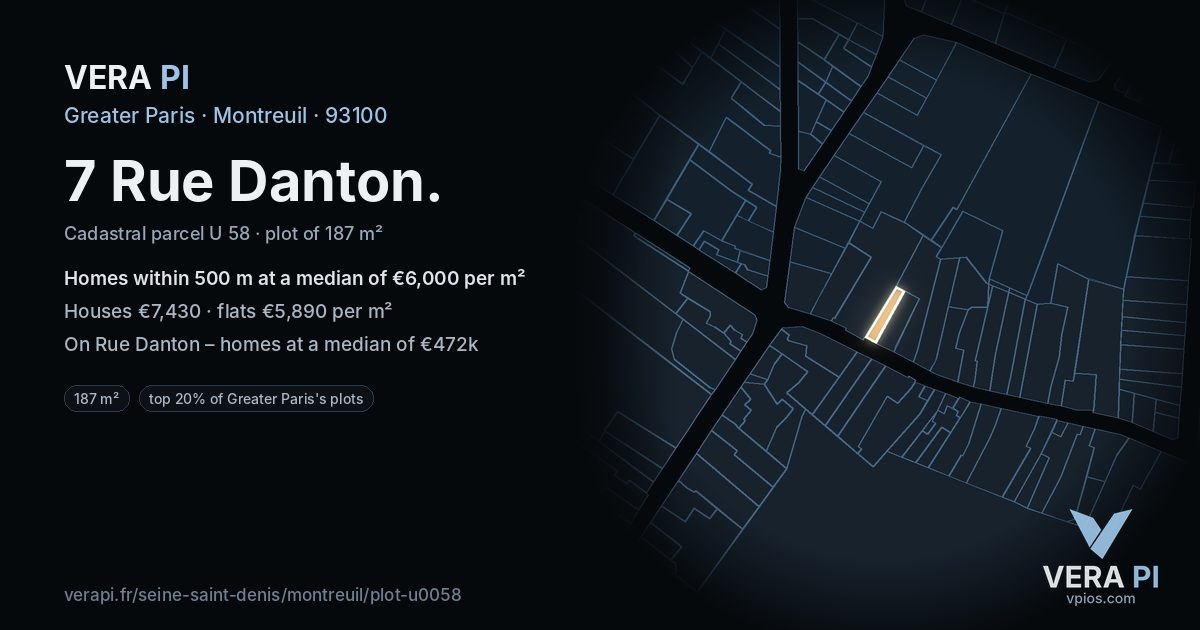 7 Rue Danton, Montreuil at night – the plot lit, the parcels around coloured by the prices near them
