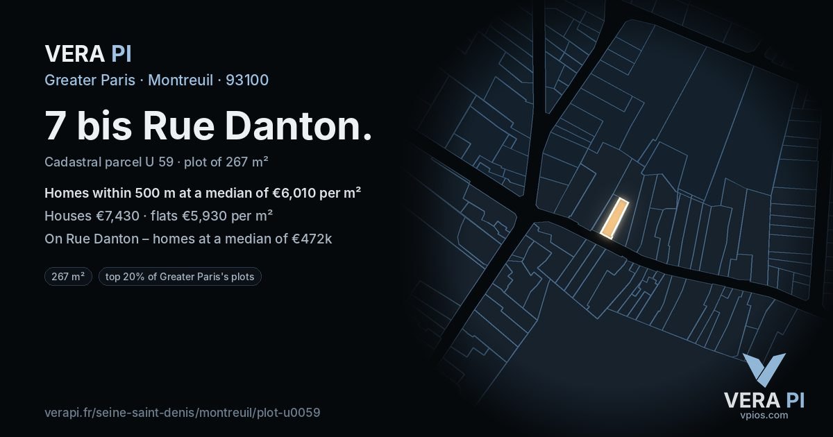 7 bis Rue Danton, Montreuil at night – the plot lit, the parcels around coloured by the prices near them