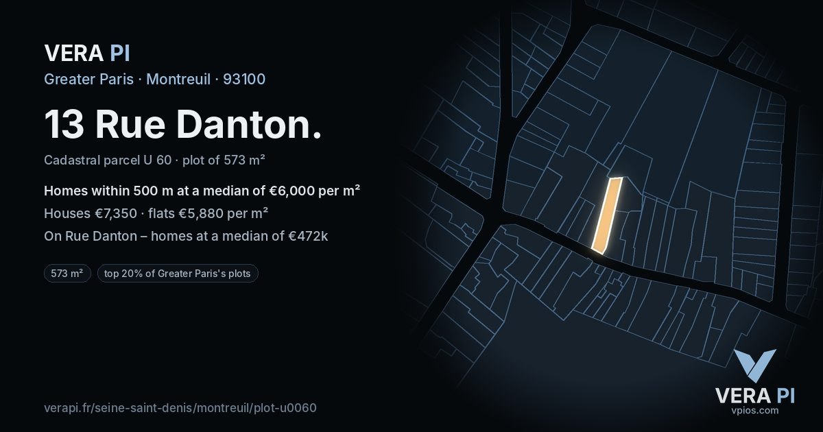 13 Rue Danton, Montreuil at night – the plot lit, the parcels around coloured by the prices near them