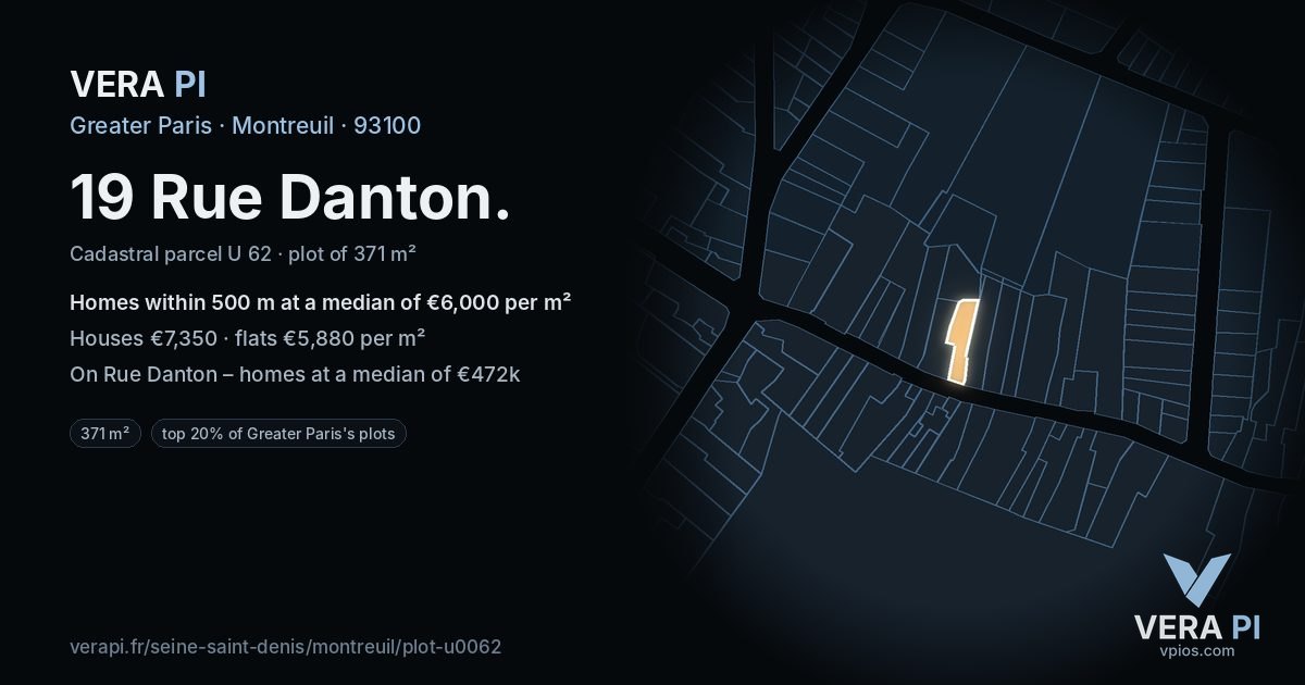 19 Rue Danton, Montreuil at night – the plot lit, the parcels around coloured by the prices near them