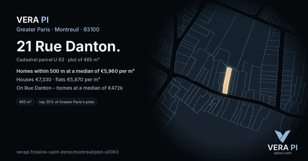 21 Rue Danton, Montreuil at night – the plot lit, the parcels around coloured by the prices near them