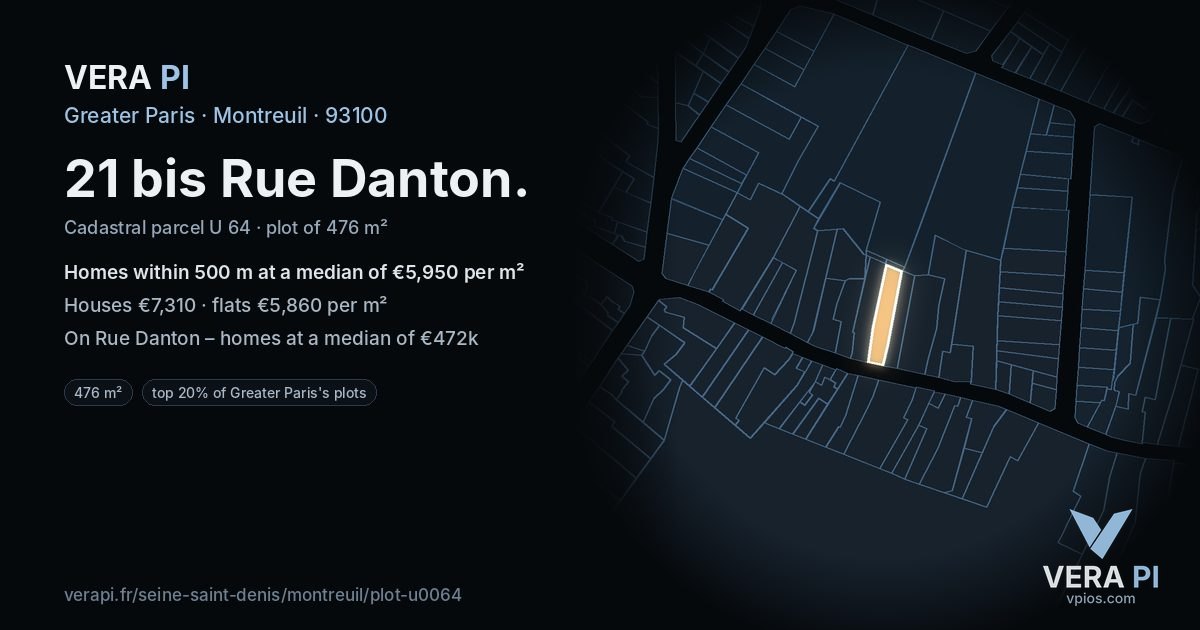 21 bis Rue Danton, Montreuil at night – the plot lit, the parcels around coloured by the prices near them