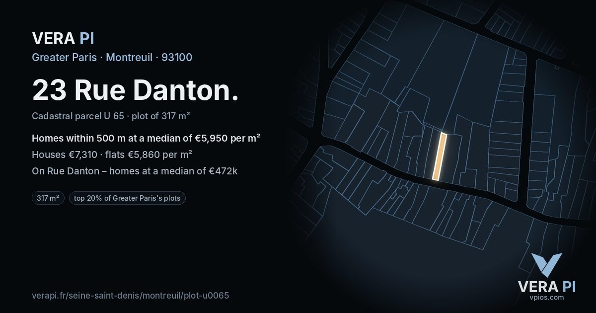 23 Rue Danton, Montreuil at night – the plot lit, the parcels around coloured by the prices near them