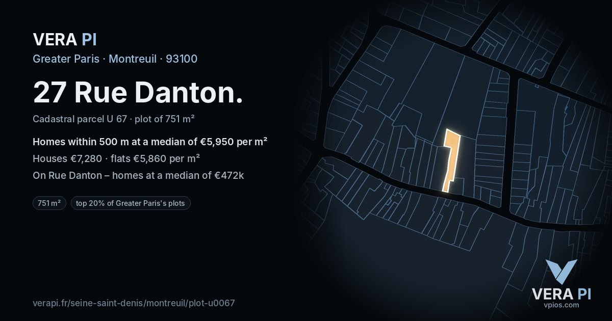 27 Rue Danton, Montreuil at night – the plot lit, the parcels around coloured by the prices near them