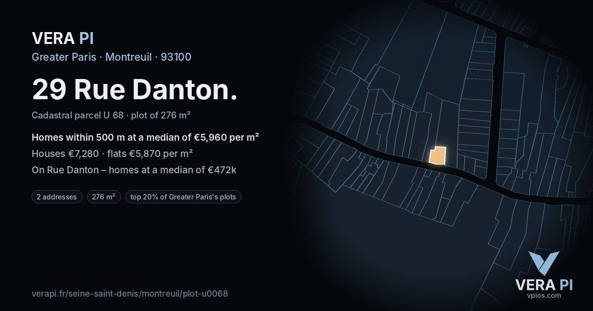 29 Rue Danton, Montreuil at night – the plot lit, the parcels around coloured by the prices near them