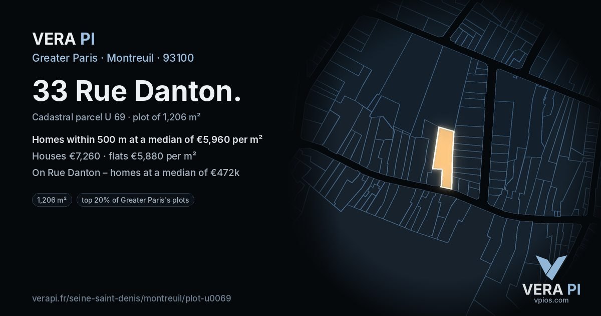 33 Rue Danton, Montreuil at night – the plot lit, the parcels around coloured by the prices near them