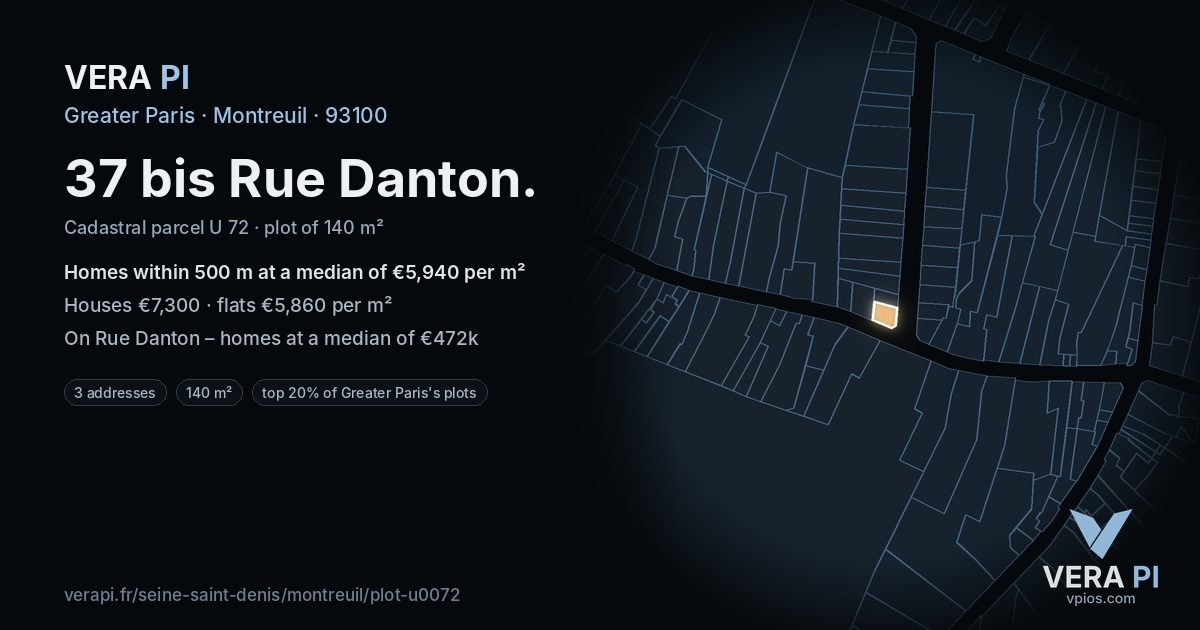 37 bis Rue Danton, Montreuil at night – the plot lit, the parcels around coloured by the prices near them