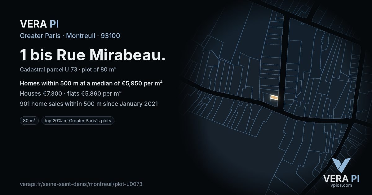 1 bis Rue Mirabeau, Montreuil at night – the plot lit, the parcels around coloured by the prices near them
