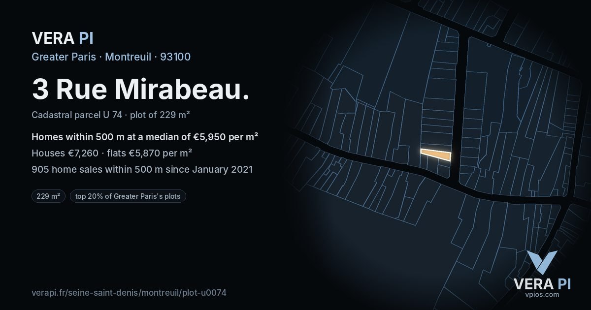 3 Rue Mirabeau, Montreuil at night – the plot lit, the parcels around coloured by the prices near them